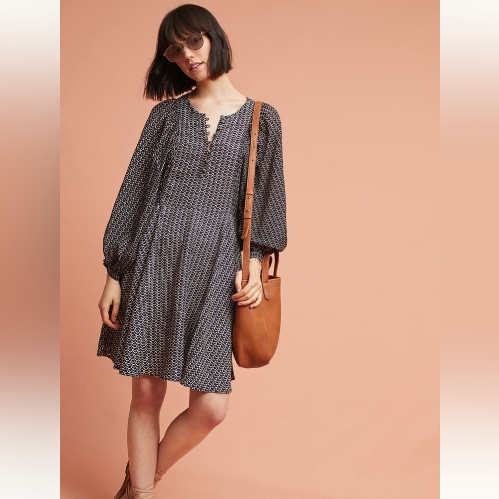 Anthropologie Maeve Black and White Motif Nilaya Long Sleeve Dress